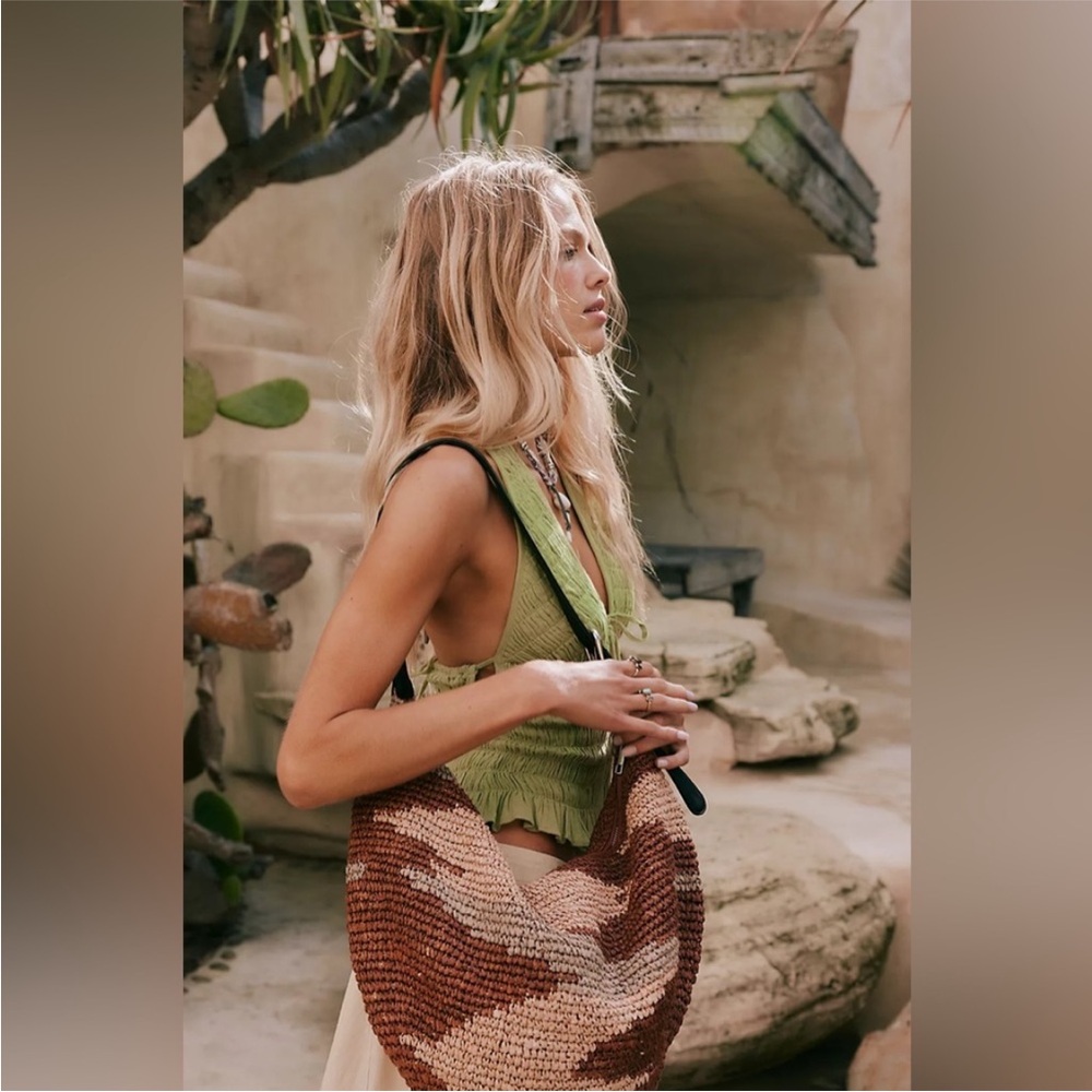 NWT Free People Santorini Straw Woven Raffia & Leather Earthy Tote Bag - Picture 6 of 6